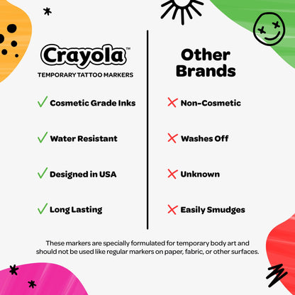 Savvi Crayola 8ct Temporary Tattoo Markers – Skin-Safe Ink, Vibrant Colors, USA Made (1 Pack)