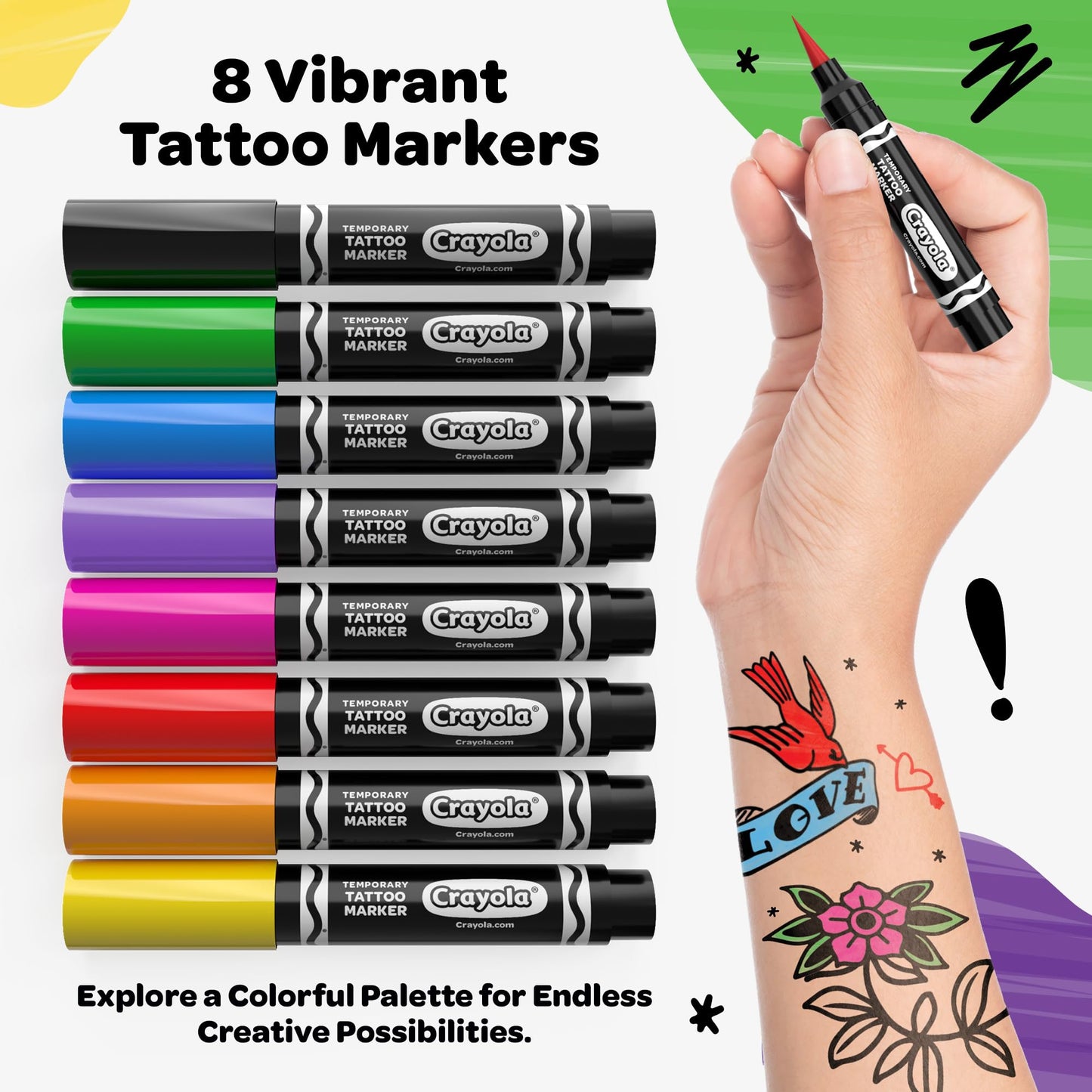Savvi Crayola 8ct Temporary Tattoo Markers – Skin-Safe Ink, Vibrant Colors, USA Made (1 Pack)