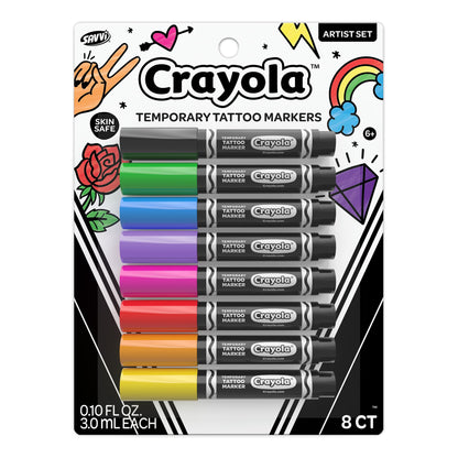 Savvi Crayola 8ct Temporary Tattoo Markers – Skin-Safe Ink, Vibrant Colors, USA Made (1 Pack)