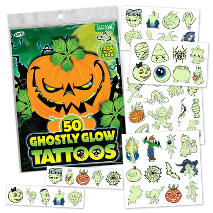 Savvi Glow in the Dark Ghost Temporary Tattoos – 50 Pack for Halloween, Non-Toxic & Easy to Apply