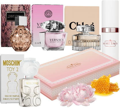 Scent Town Mini Perfumes for Women (Set of 5) – Designer Samples + Empty Refillable Atomizer in Gift Box