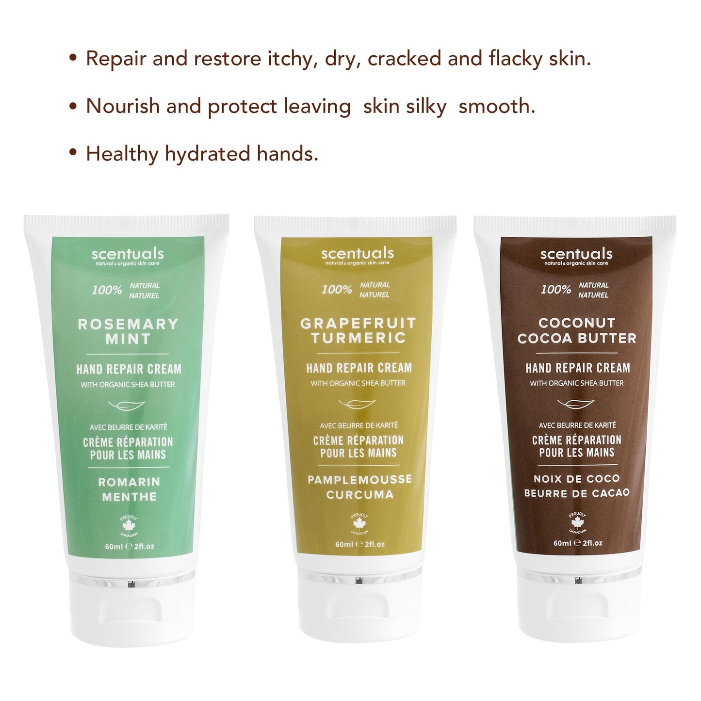Scentuals Hand Cream Set of 3 – Shea & Cocoa Butter Rich Formula with Argan & Almond Oils, 60 ml Each – Grapefruit Turmeric, Rosemary Mint & Coconut Cocoa Butter