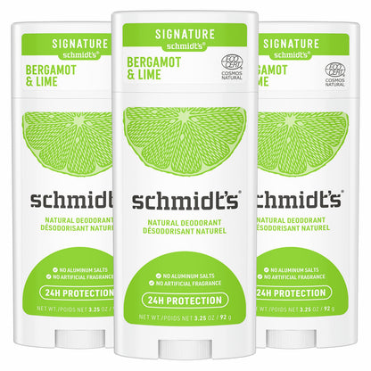 Schmidt's Bergamot + Lime Aluminum-Free Natural Deodorant – 24h Odor Protection, Pack of 3