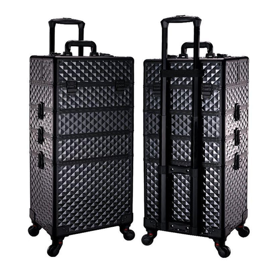 SCIKHEFT Rolling Makeup Train Case – Large Aluminum Cosmetic Trolley (All Black Diamond)