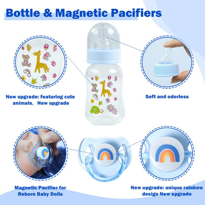 SCOM Reborn Baby Doll Accessories Set – Rainbow Transparent Magnetic Pacifiers & Removable Reusable Doll Bottles (Blue, 3 Pcs)