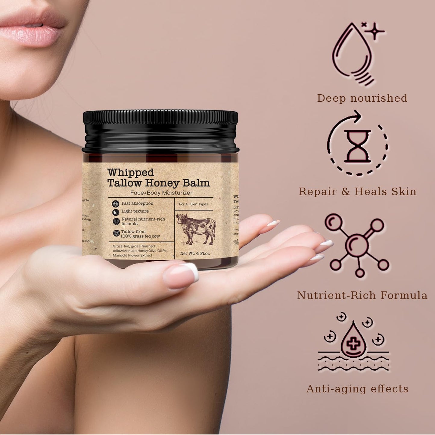 Scosvvi Whipped Tallow Honey Balm – Grass-Fed Tallow Moisturizer for Dry & Sensitive Skin, Face & Body Hydration, 4 oz