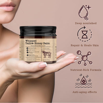 Scosvvi Whipped Tallow Honey Balm – Grass-Fed Tallow Moisturizer for Dry & Sensitive Skin, Face & Body Hydration, 4 oz