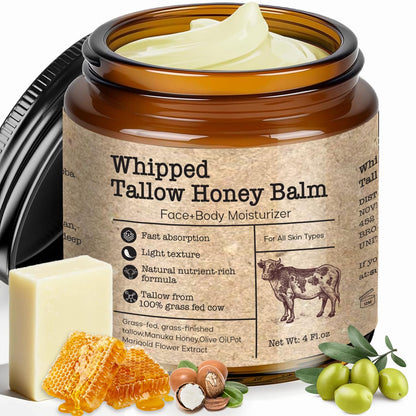 Scosvvi Whipped Tallow Honey Balm – Grass-Fed Tallow Moisturizer for Dry & Sensitive Skin, Face & Body Hydration, 4 oz