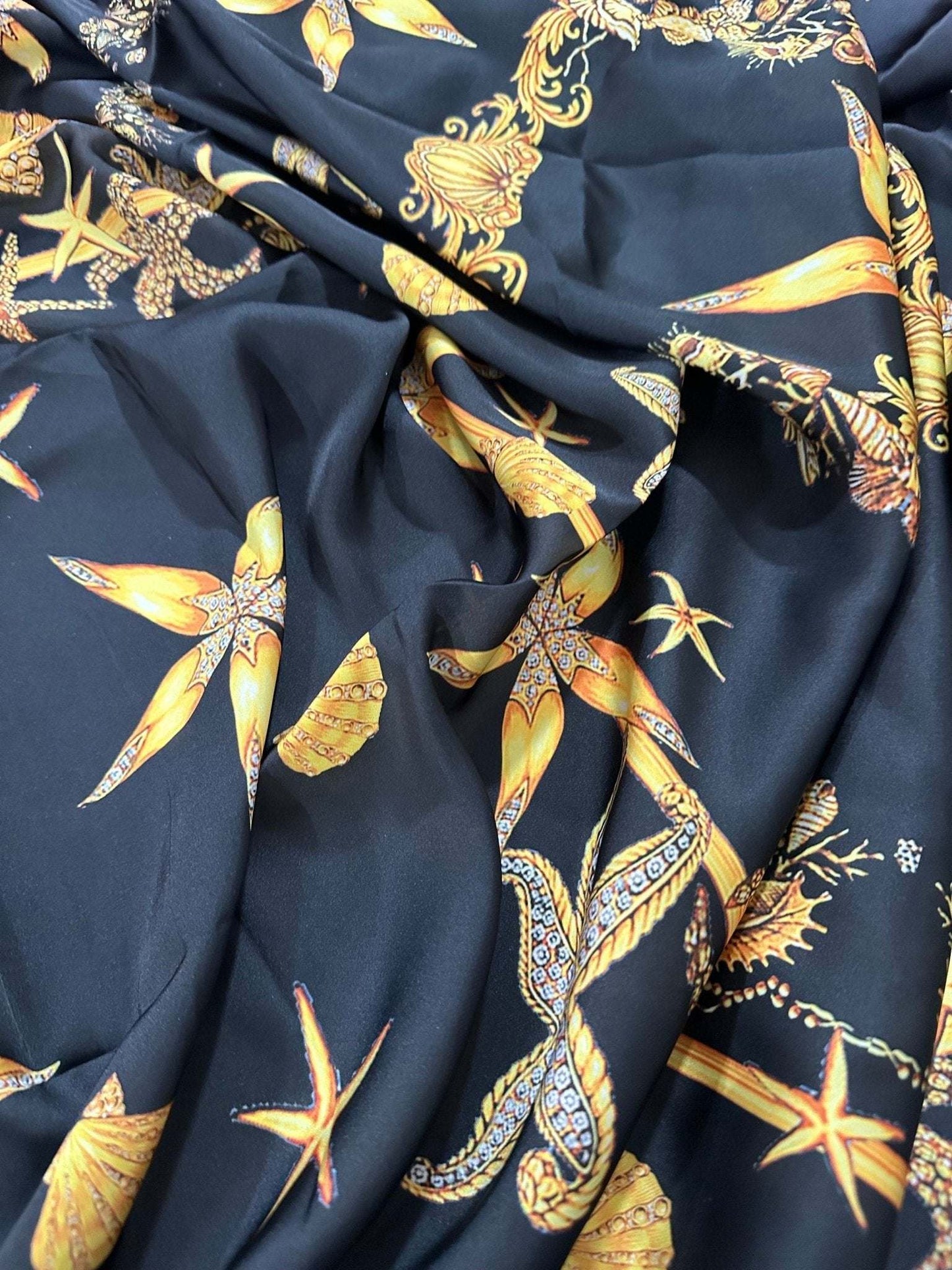 Black Luxury Sea Shell Pattern Fabric by Metre