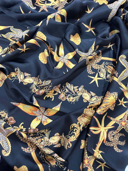 Black Luxury Sea Shell Pattern Fabric by Metre