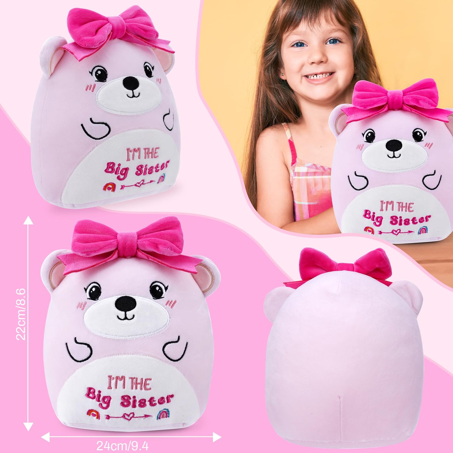 SEAOPOP Big Sister Plush Toy – 8-Inch Soft Bear with Pink Bow, New Sibling Gift