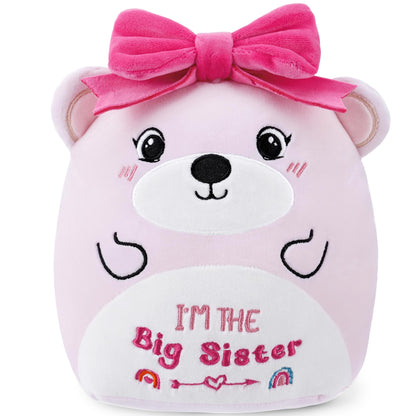 SEAOPOP Big Sister Plush Toy – 8-Inch Soft Bear with Pink Bow, New Sibling Gift