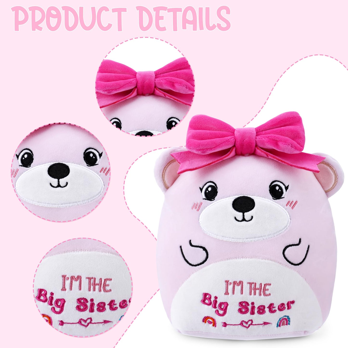 SEAOPOP Big Sister Plush Toy – 8-Inch Soft Bear with Pink Bow, New Sibling Gift