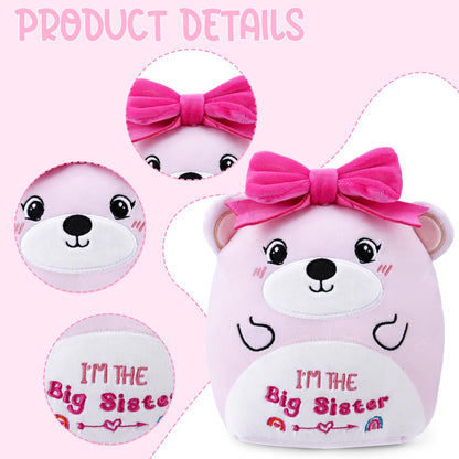 SEAOPOP Big Sister Plush Toy – 8-Inch Soft Bear with Pink Bow, New Sibling Gift
