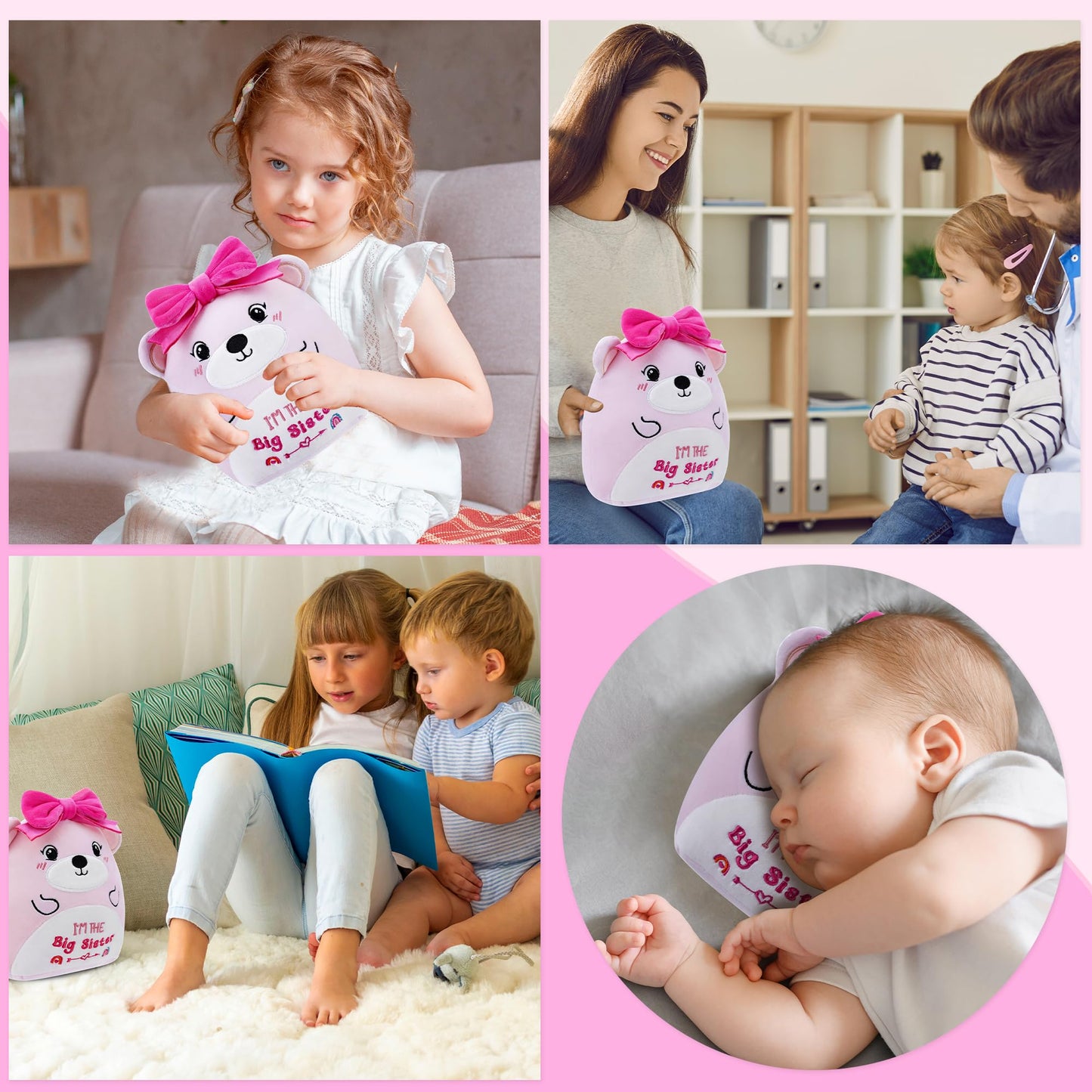 SEAOPOP Big Sister Plush Toy – 8-Inch Soft Bear with Pink Bow, New Sibling Gift