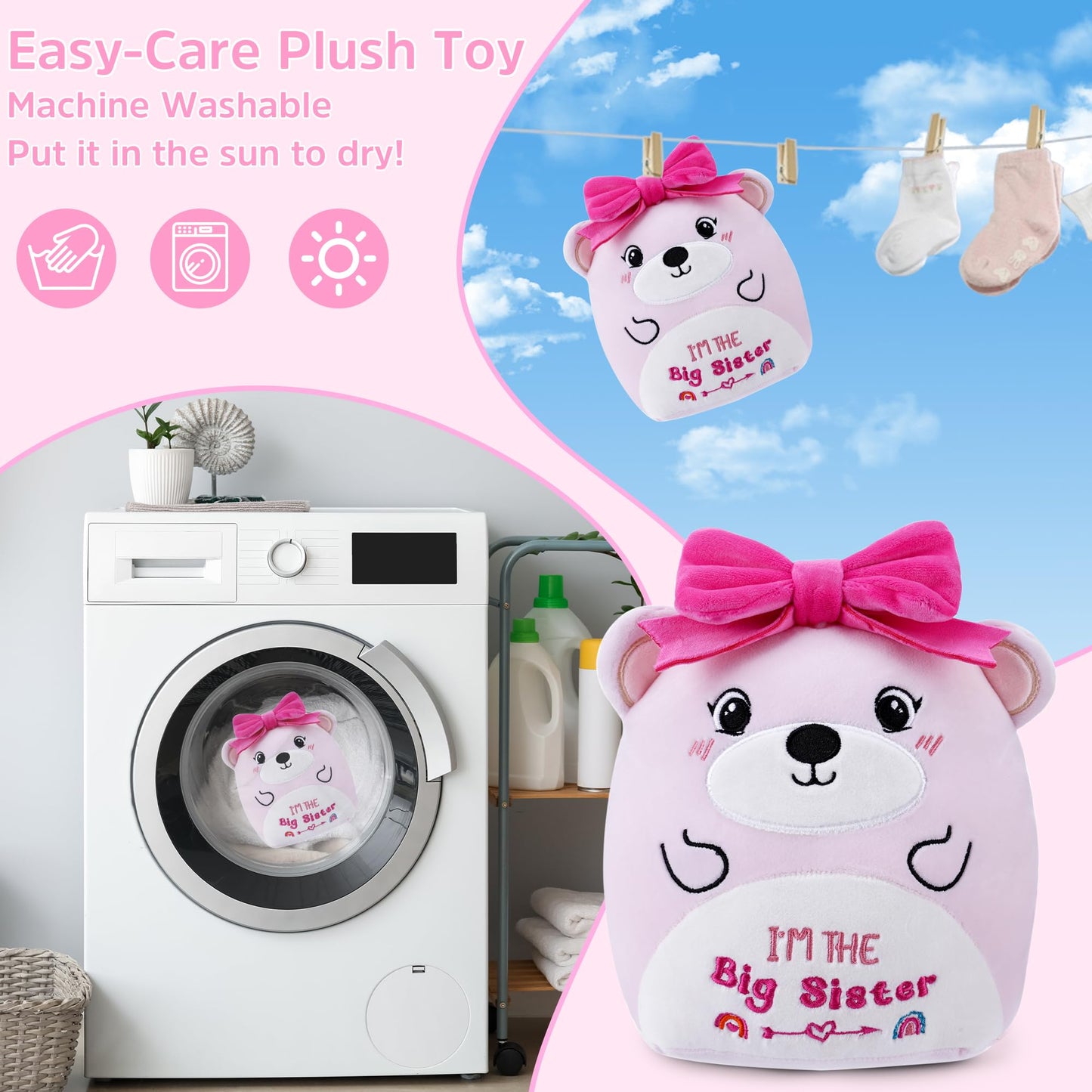 SEAOPOP Big Sister Plush Toy – 8-Inch Soft Bear with Pink Bow, New Sibling Gift