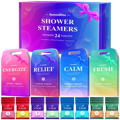 SeasonBliss Shower Steamers 24 Pack – 8 Scents, Individually Wrapped, Natural Shower Tablets