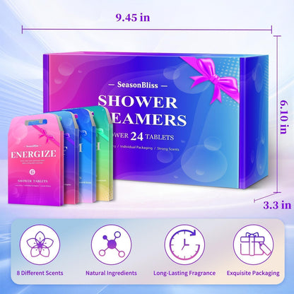 SeasonBliss Shower Steamers 24 Pack – 8 Scents, Individually Wrapped, Natural Shower Tablets