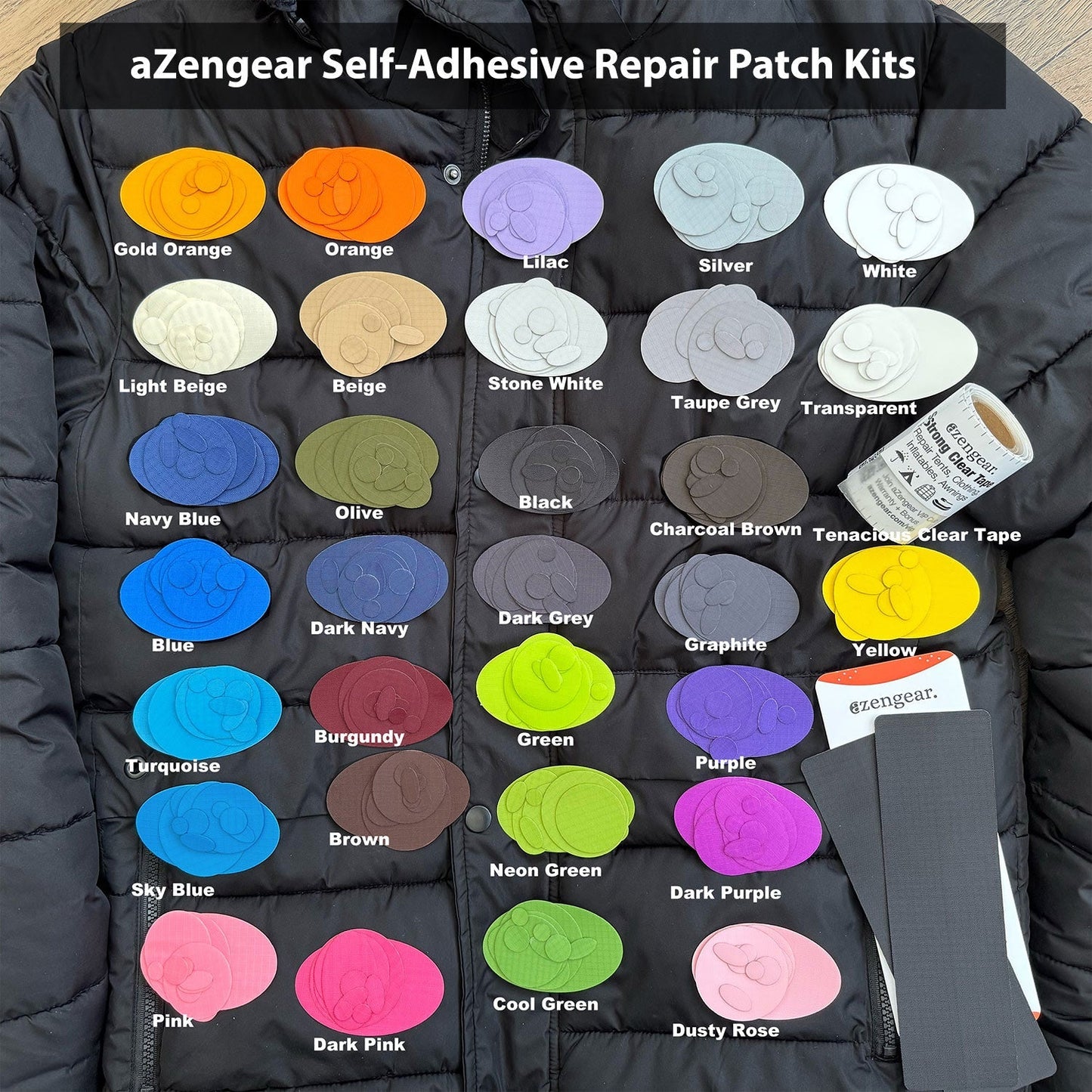 Stick-On Repair Patches (2 Pack) - Self-Adhesive, Waterproof, Tear-Cold-Heat-Resistant Polyester to Fix Rips in Tents,  Jackets, Shoes, Upholstery