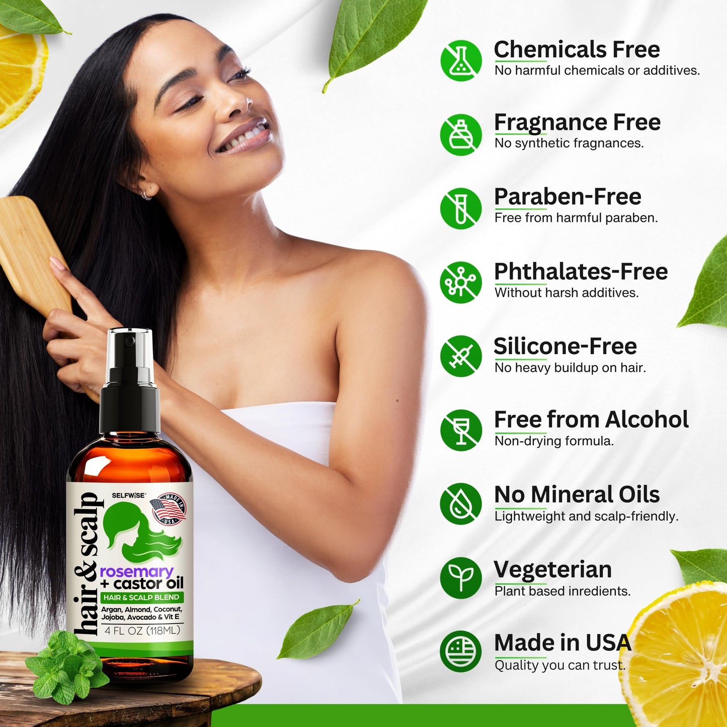 SELFWISE Organic Rosemary Oil for Hair Growth – 10-Oil Blend (Castor, Argan, Coconut, and more) 4oz