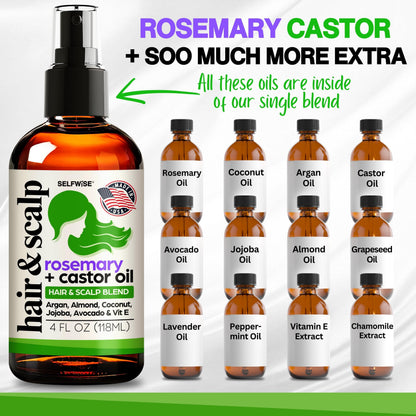 SELFWISE Organic Rosemary Oil for Hair Growth – 10-Oil Blend (Castor, Argan, Coconut, and more) 4oz