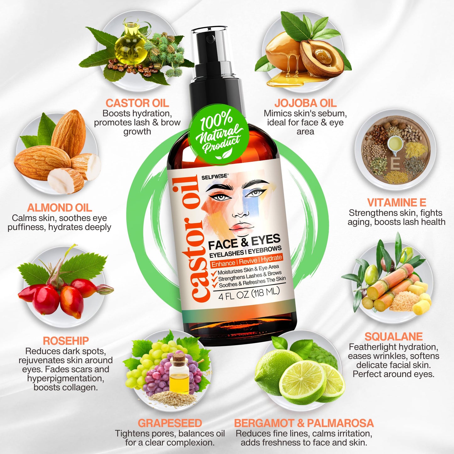 SELFWISE Organic Castor Oil – Face Moisturizer, Brow & Lash Conditioner, 4oz
