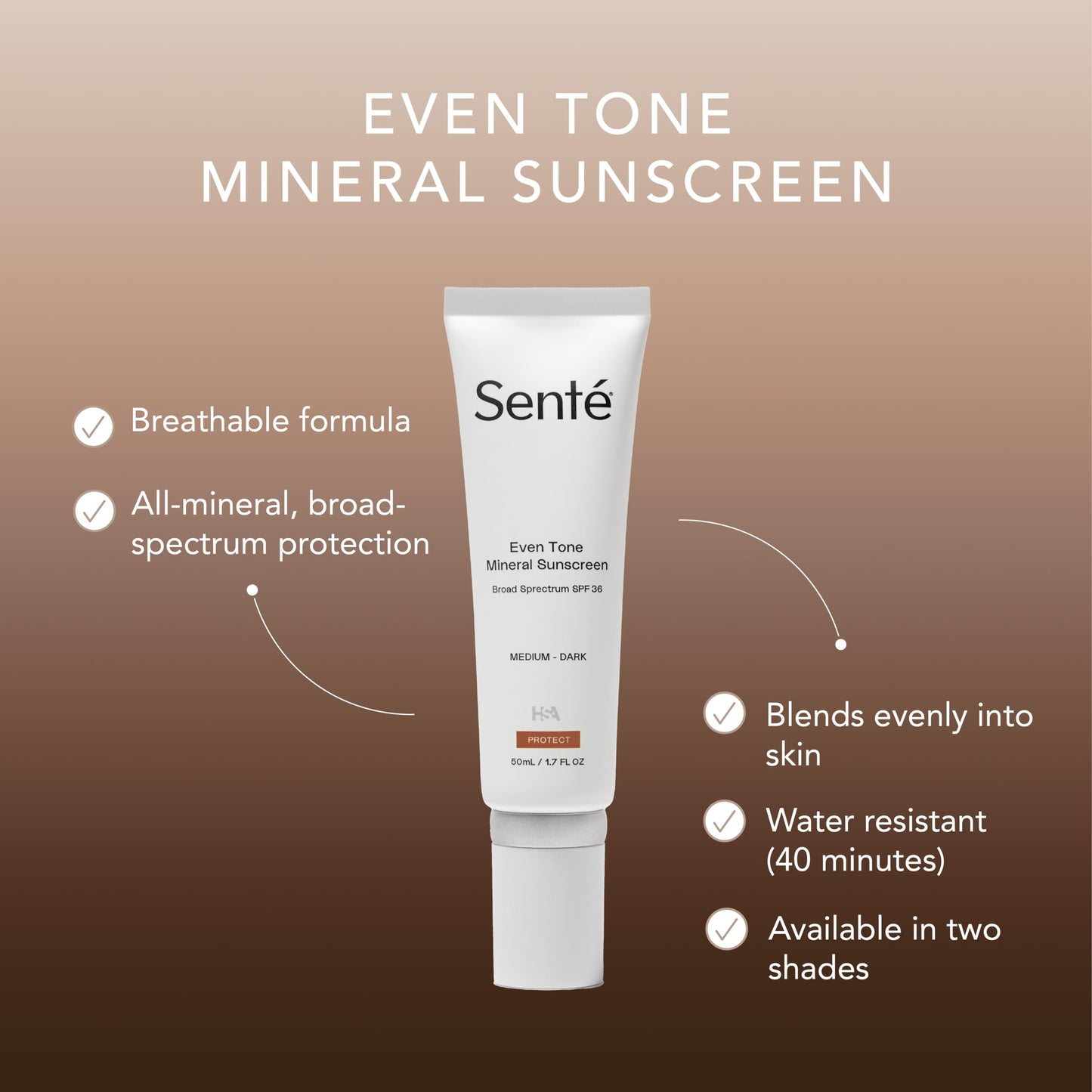 Sente Even Tone Mineral Sunscreen Tinted SPF 36 – Hydrating, Lightweight Protection for Medium-Dark Skin | 1.7 oz