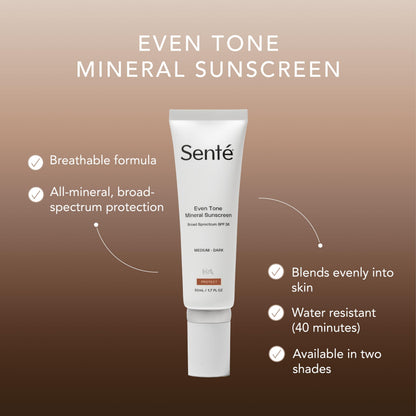 Sente Even Tone Mineral Sunscreen Tinted SPF 36 – Hydrating, Lightweight Protection for Medium-Dark Skin | 1.7 oz