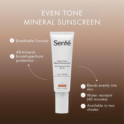 Senté Even Tone Mineral Sunscreen Tint SPF 40 – Light-Medium, Hydrating, Lightweight UVA/UVB & Blue Light Defense