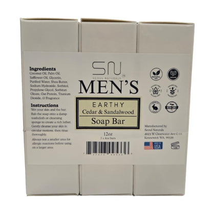 Seoul Naturals Men's Earthy Cedar & Sandalwood Soap Bar – 4oz x 3 Pack | K-Beauty