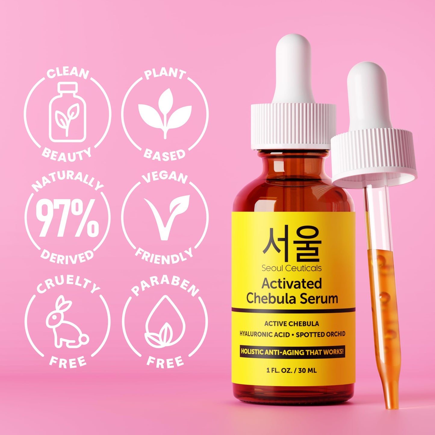 SeoulCeuticals Chebula Active Serum for Face – Hyaluronic Acid + Spotted Orchid, 1oz