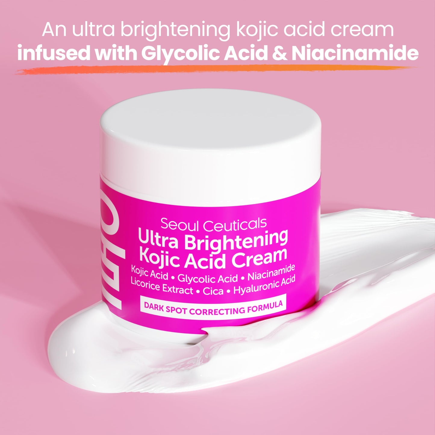 SeoulCeuticals Korean Kojic Acid Cream for Dark Spots | Glycolic + Niacinamide + Cica + HA Moisturizer - Cruelty-Free 2 oz