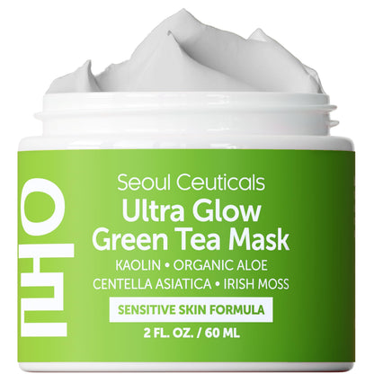 SeoulCeuticals Korean Green Tea Wash-Off Mask for Sensitive Skin – Aloe Vera + Centella Asiatica, Hydrating 2oz