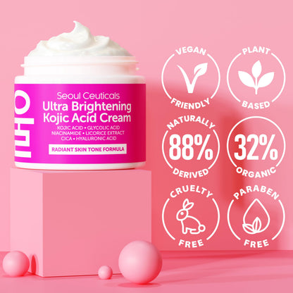 SeoulCeuticals Korean Kojic Acid Cream for Dark Spots | Glycolic + Niacinamide + Cica + HA Moisturizer - Cruelty-Free 2 oz