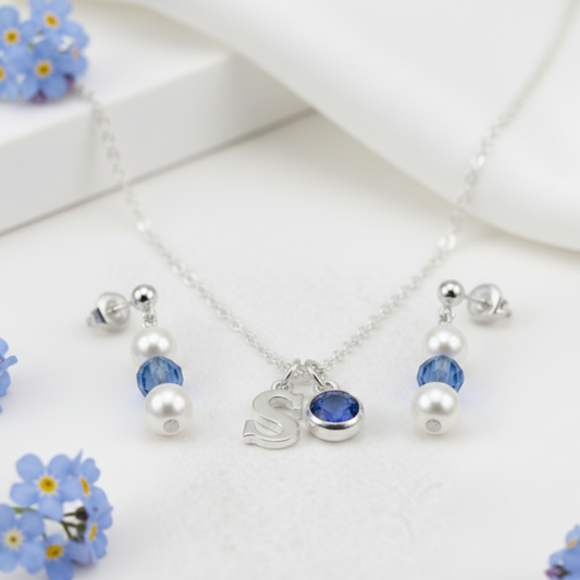 September Birthstone Jewellery Set | Pearl & Sapphire Earrings + Personalised Necklace