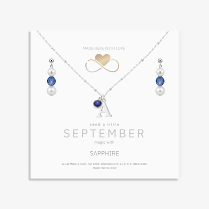 September Birthstone Jewellery Set | Pearl & Sapphire Earrings + Personalised Necklace