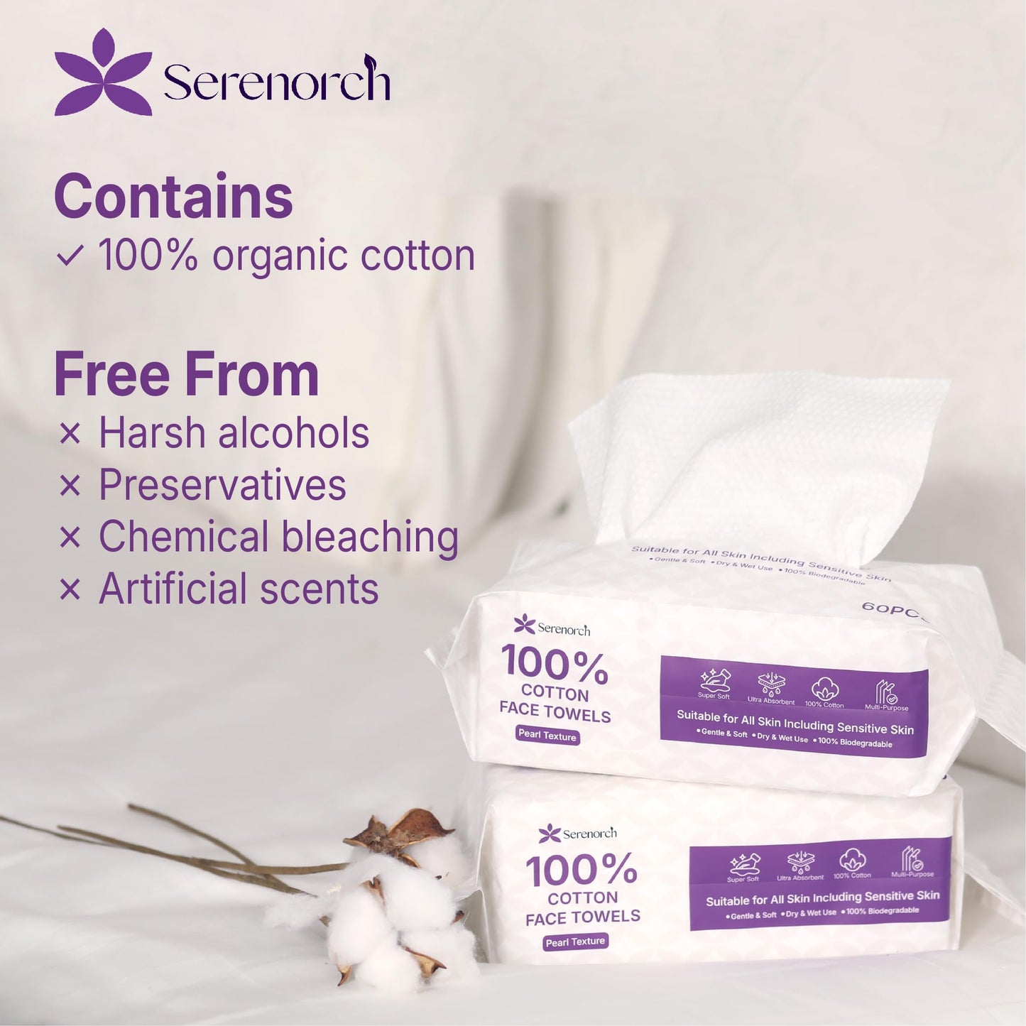 Serenorch 100% Cotton Disposable Face Towels – 240 Count, Lint-Free, Hanging Pack, Double-Textured