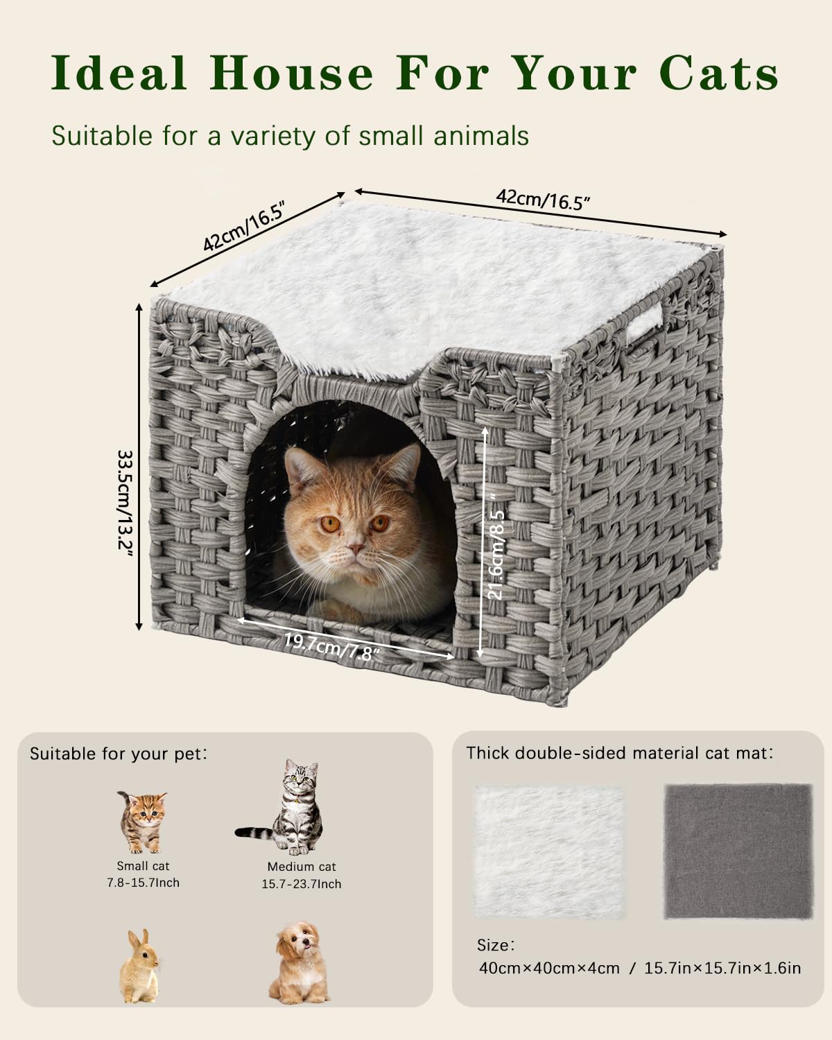 SETVSON Handwoven Rattan Cat Bed Cave — Large Foldable Indoor Cat House with Cushion (16.5x16.5x13.2 in)