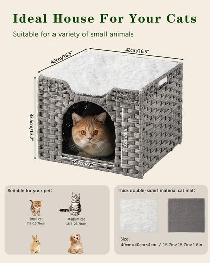SETVSON Handwoven Rattan Cat Bed Cave — Large Foldable Indoor Cat House with Cushion (16.5x16.5x13.2 in)