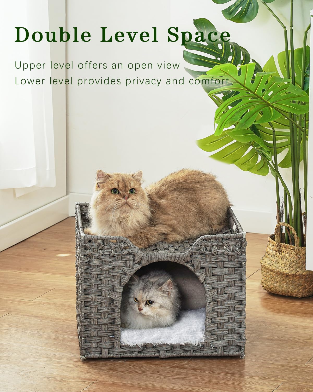 SETVSON Handwoven Rattan Cat Bed Cave — Large Foldable Indoor Cat House with Cushion (16.5x16.5x13.2 in)