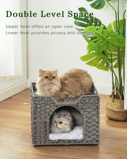 SETVSON Handwoven Rattan Cat Bed Cave — Large Foldable Indoor Cat House with Cushion (16.5x16.5x13.2 in)
