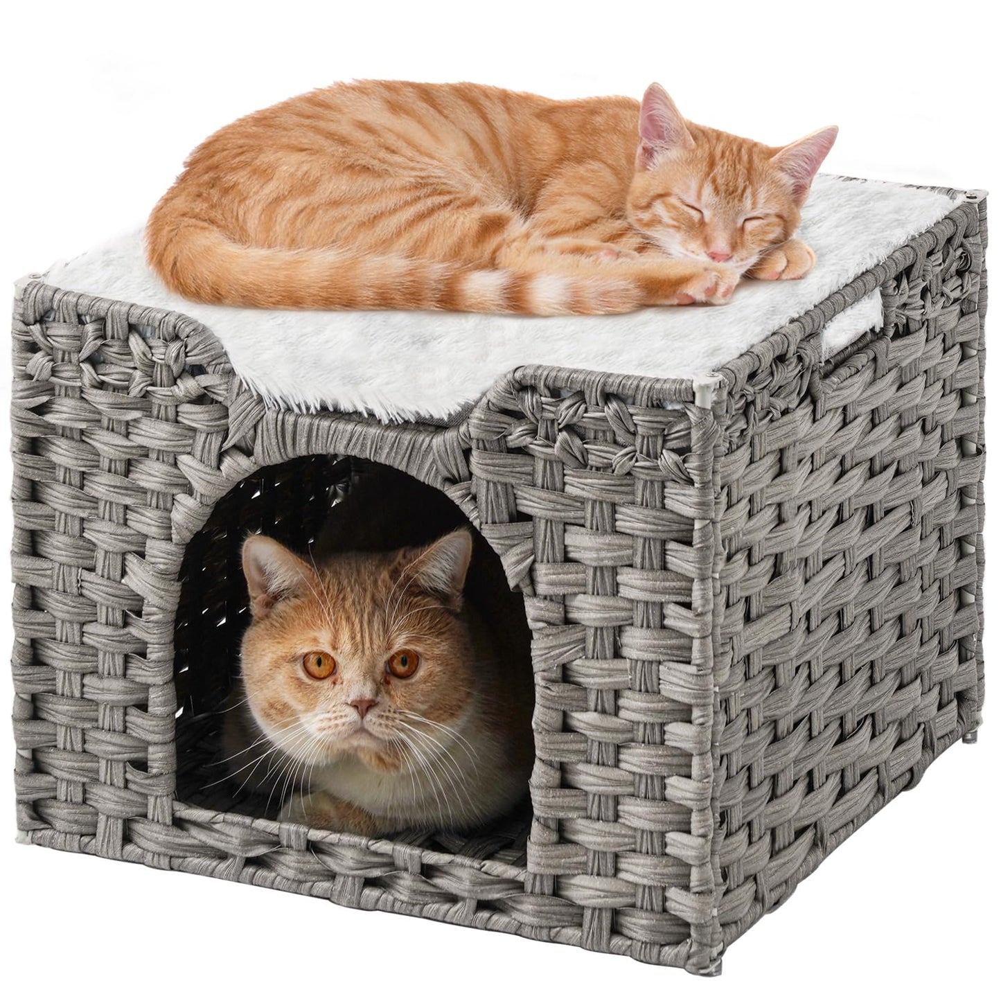 SETVSON Handwoven Rattan Cat Bed Cave — Large Foldable Indoor Cat House with Cushion (16.5x16.5x13.2 in)