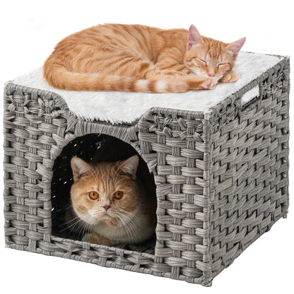 SETVSON Handwoven Rattan Cat Bed Cave — Large Foldable Indoor Cat House with Cushion (16.5x16.5x13.2 in)