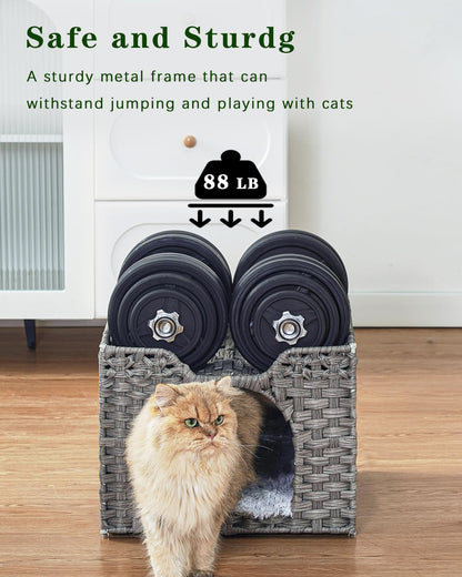 SETVSON Handwoven Rattan Cat Bed Cave — Large Foldable Indoor Cat House with Cushion (16.5x16.5x13.2 in)