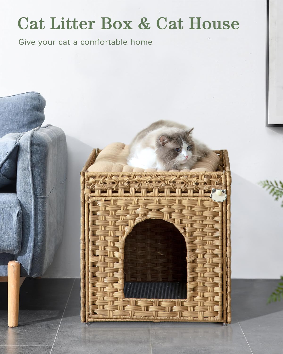 SETVSON Cat Litter Box Enclosure Furniture – Hidden Litter Box with Handwoven Rattan (Natural)
