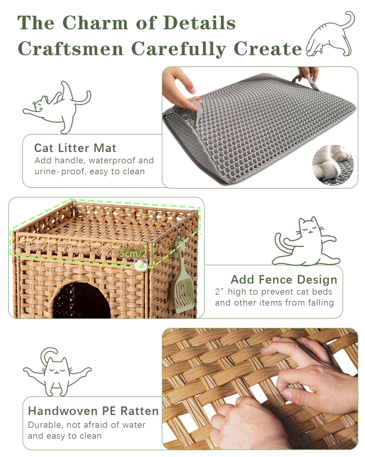 SETVSON Cat Litter Box Enclosure Furniture – Hidden Litter Box with Handwoven Rattan (Natural)