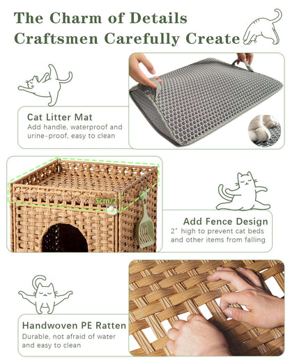 SETVSON Cat Litter Box Enclosure Furniture – Hidden Litter Box with Handwoven Rattan (Natural)