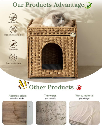 SETVSON Cat Litter Box Enclosure Furniture – Hidden Litter Box with Handwoven Rattan (Natural)