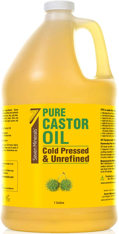 Seven Minerals Unrefined Hexane-Free Castor Oil, 128 oz – Hair Growth, Lash & Brow Conditioning, Dry Skin