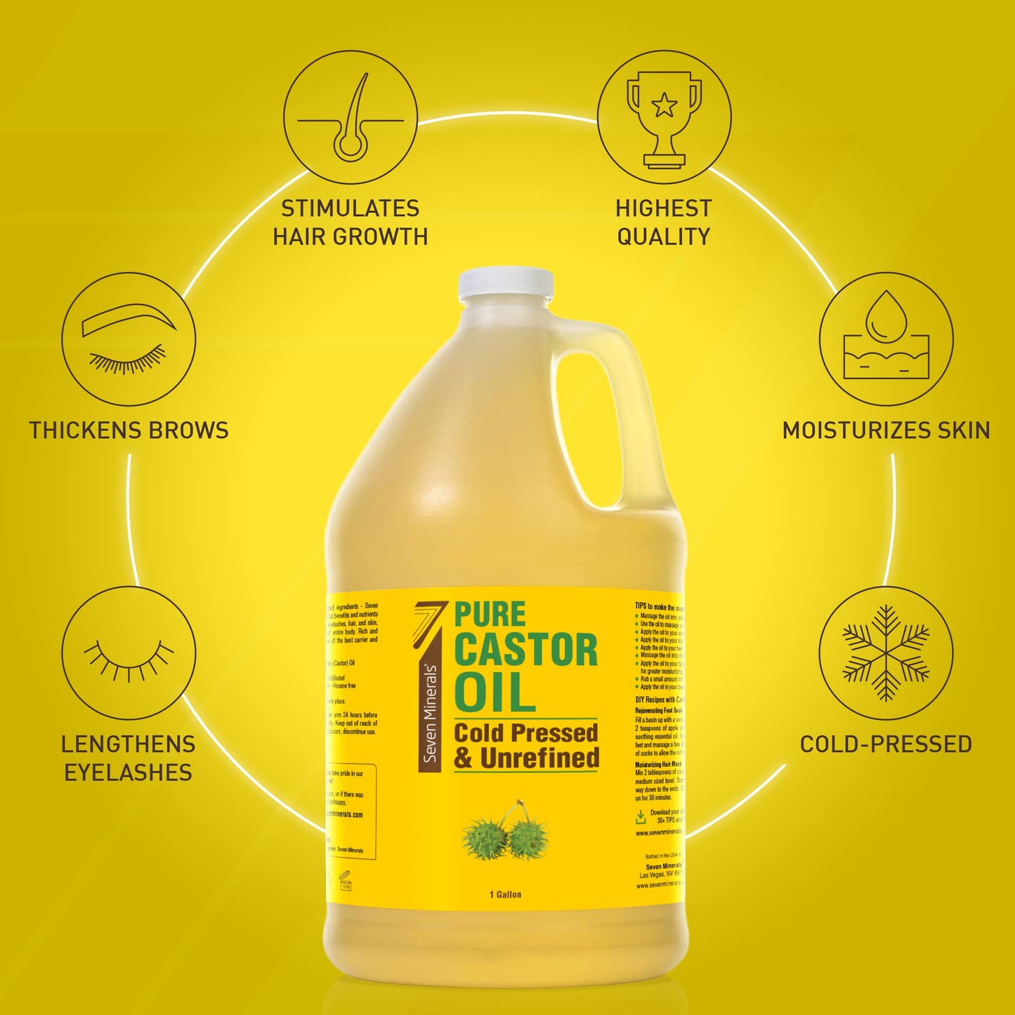 Seven Minerals Unrefined Hexane-Free Castor Oil, 128 oz – Hair Growth, Lash & Brow Conditioning, Dry Skin